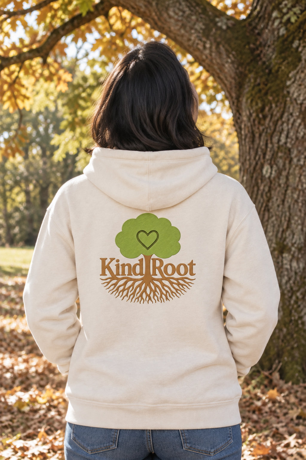 KindRoot logo on the back of the Natural unisex organic cotton hoodie