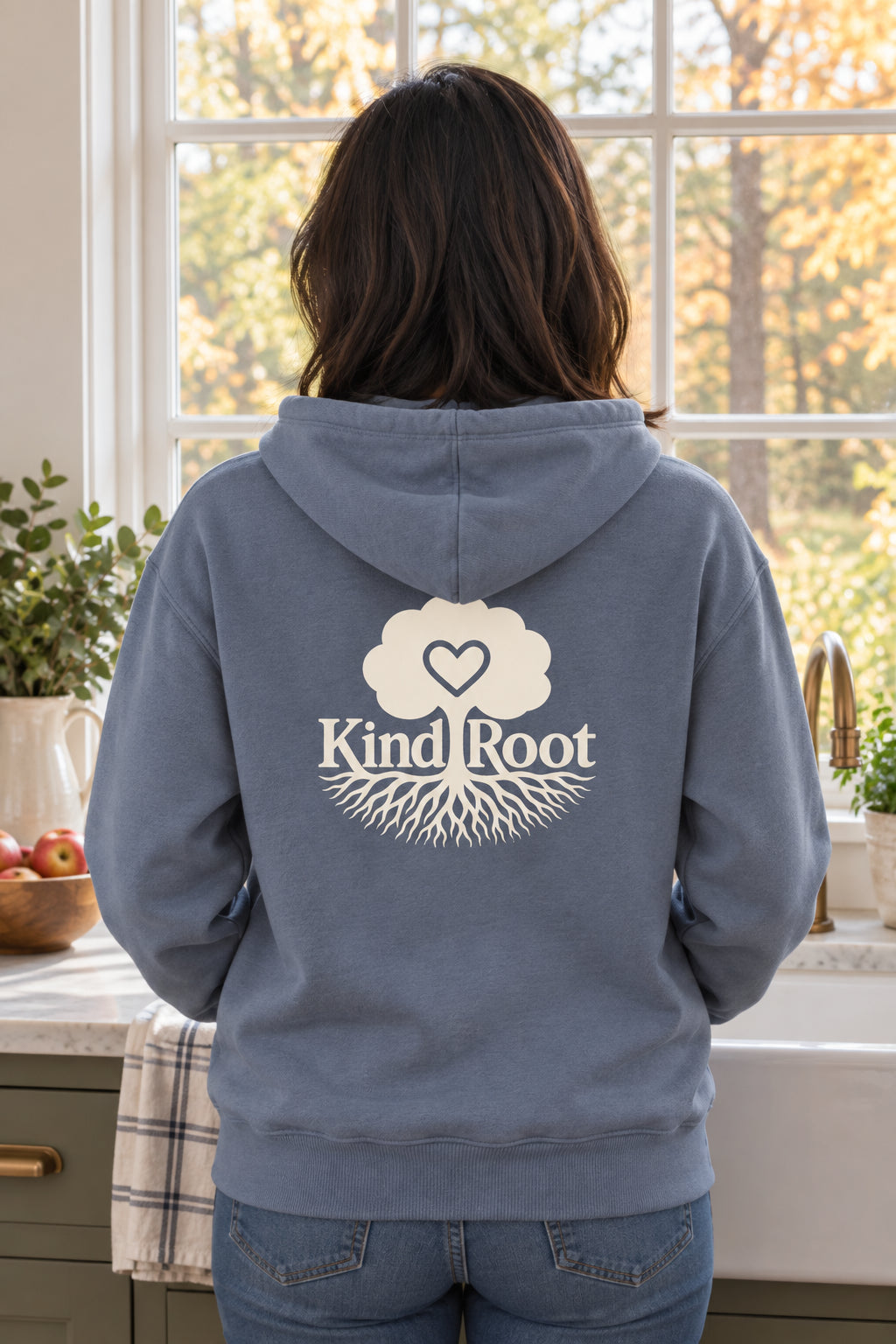 KindRoot logo on the back of the Slate unisex organic cotton hoodie