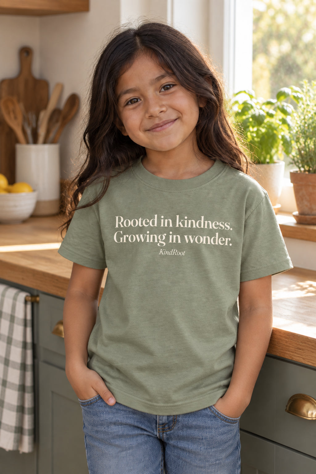 Rooted in kindness. Growing in wonder. kids organic cotton tee in Avocado, front