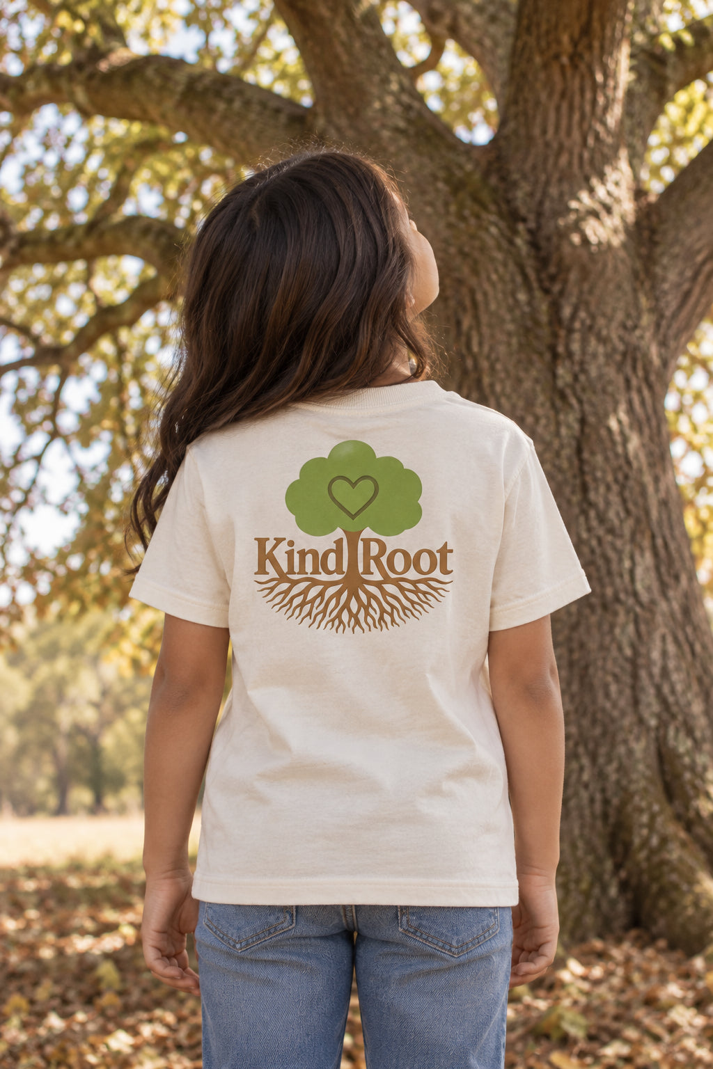 KindRoot logo on the back of the Natural kids organic cotton tee