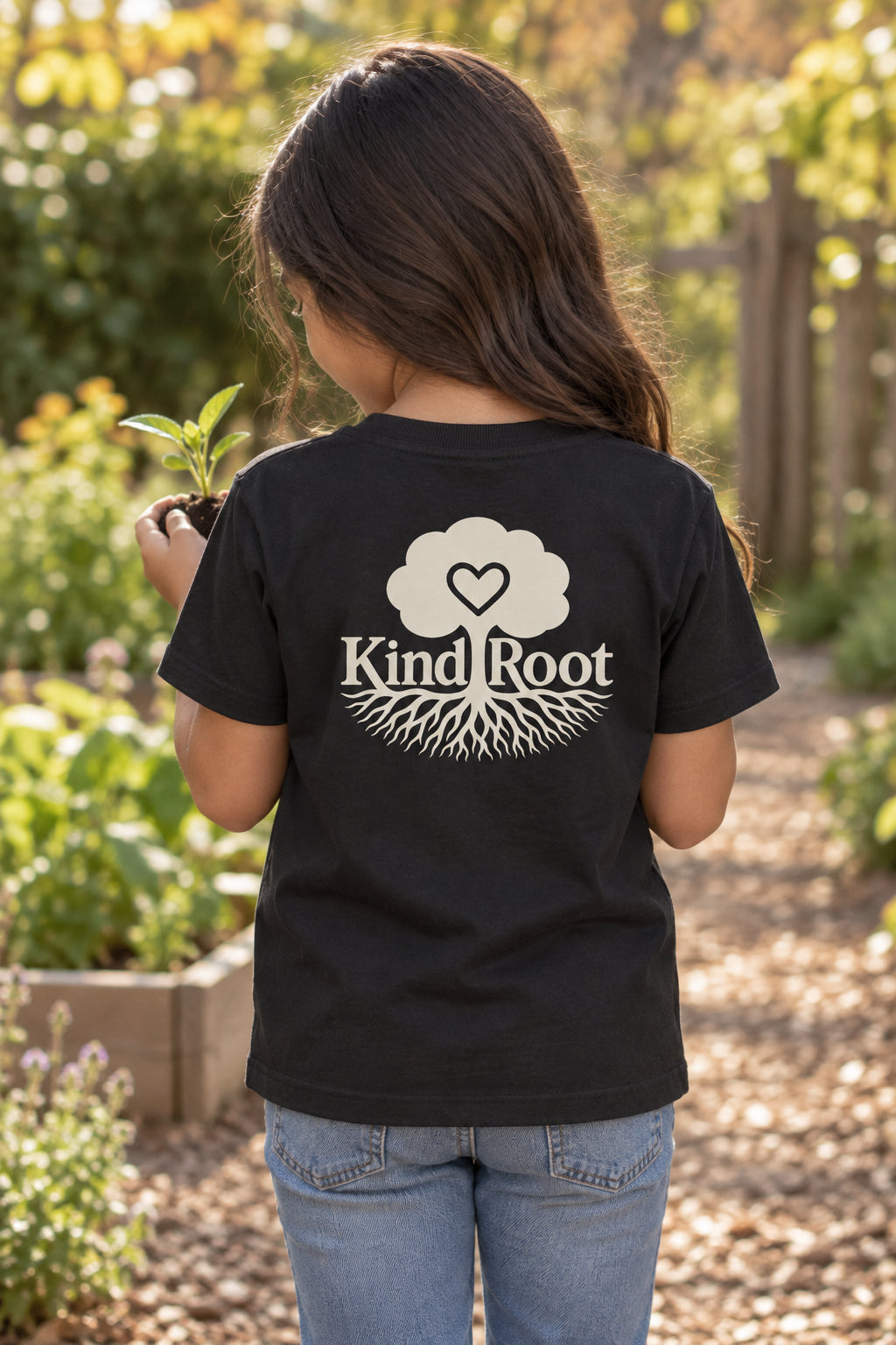 KindRoot logo on the back of the Night kids organic cotton tee