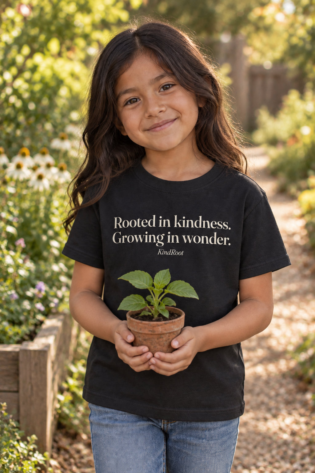 Rooted in kindness. Growing in wonder. kids organic cotton tee in Night, front