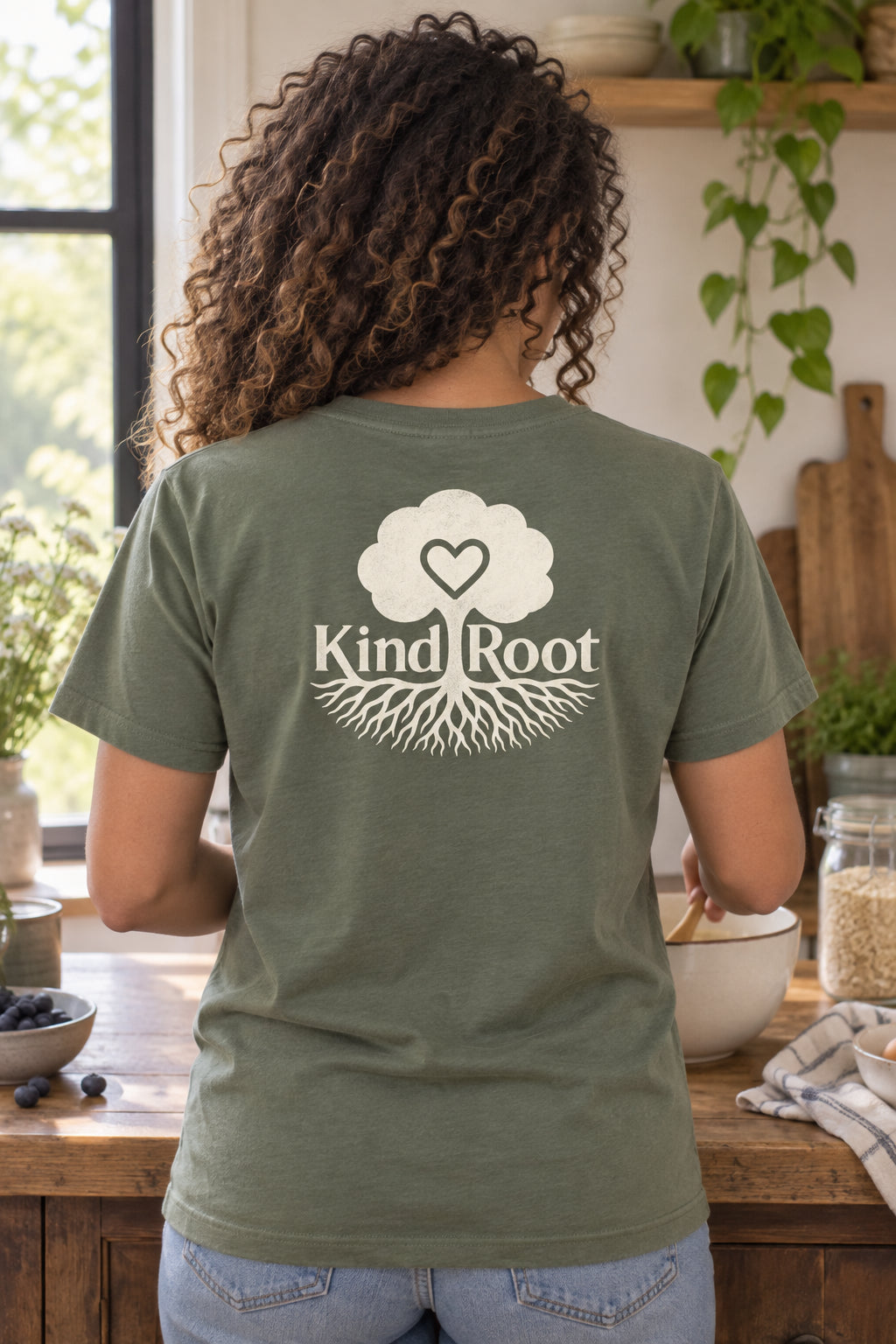 KindRoot logo on the back of the Moss unisex organic cotton tee