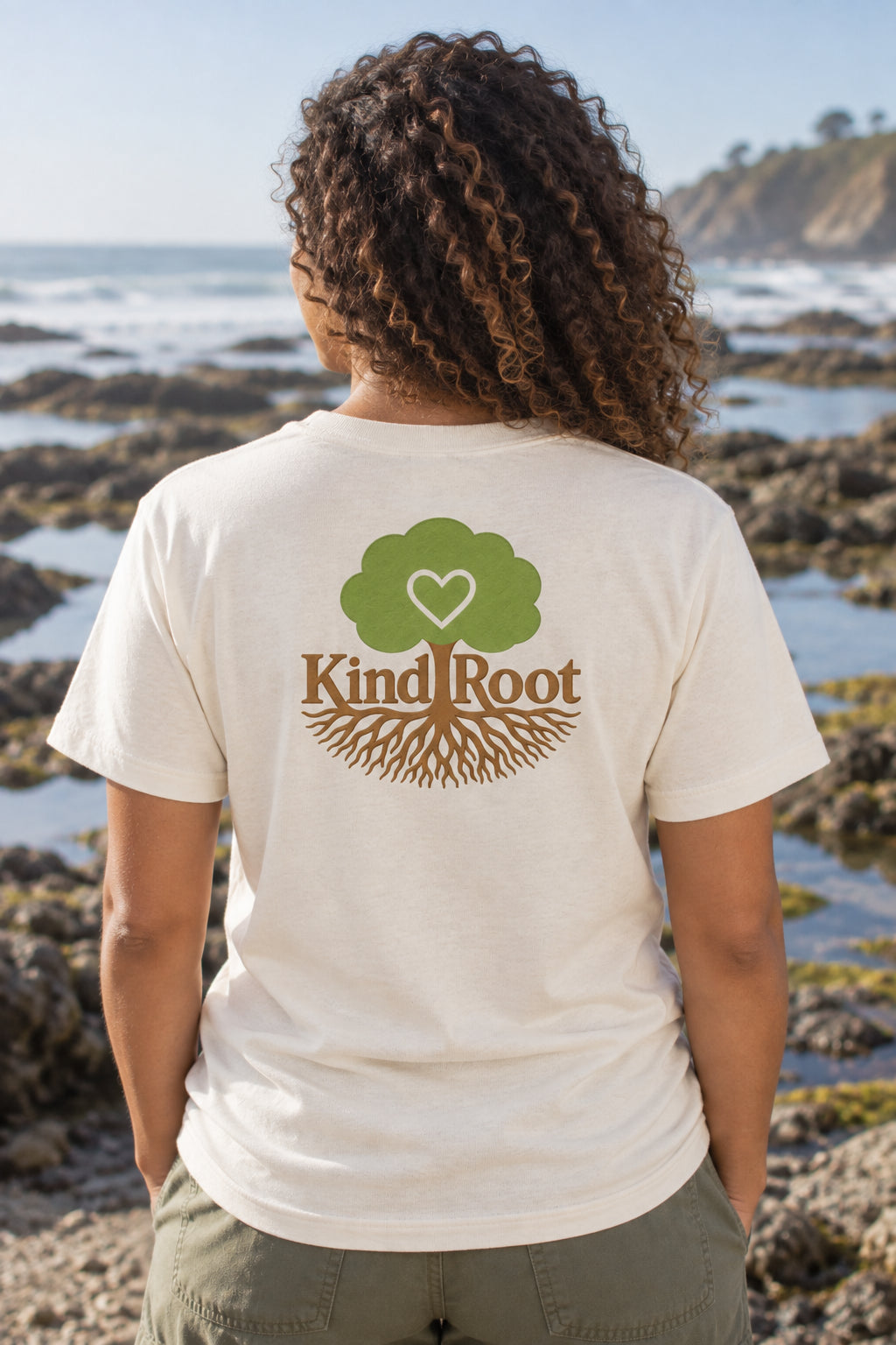 KindRoot logo on the back of the Natural unisex organic cotton tee
