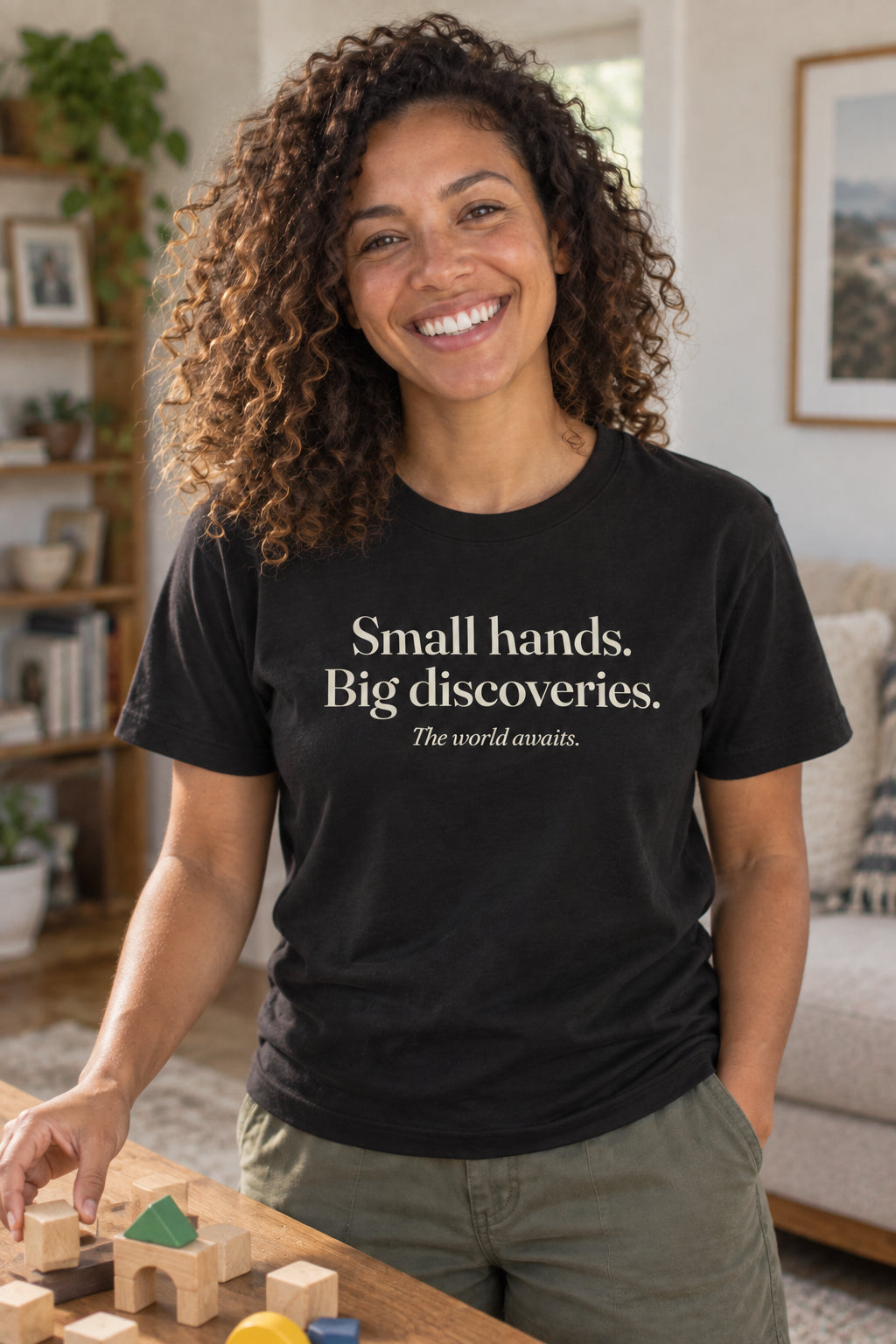 Small hands. Big discoveries. unisex organic cotton tee in Night, front