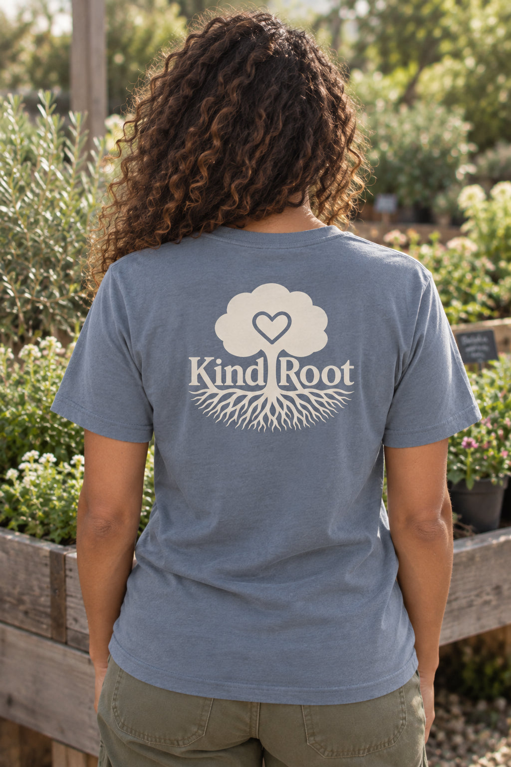 KindRoot logo on the back of the Slate unisex organic cotton tee