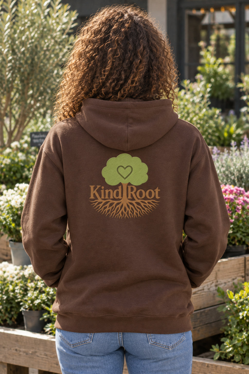 KindRoot logo on the back of the Bark unisex organic cotton hoodie