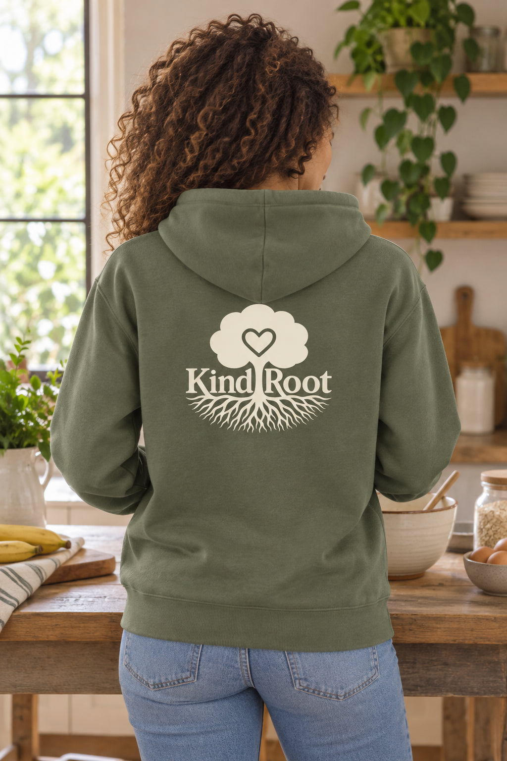 KindRoot logo on the back of the Moss unisex organic cotton hoodie