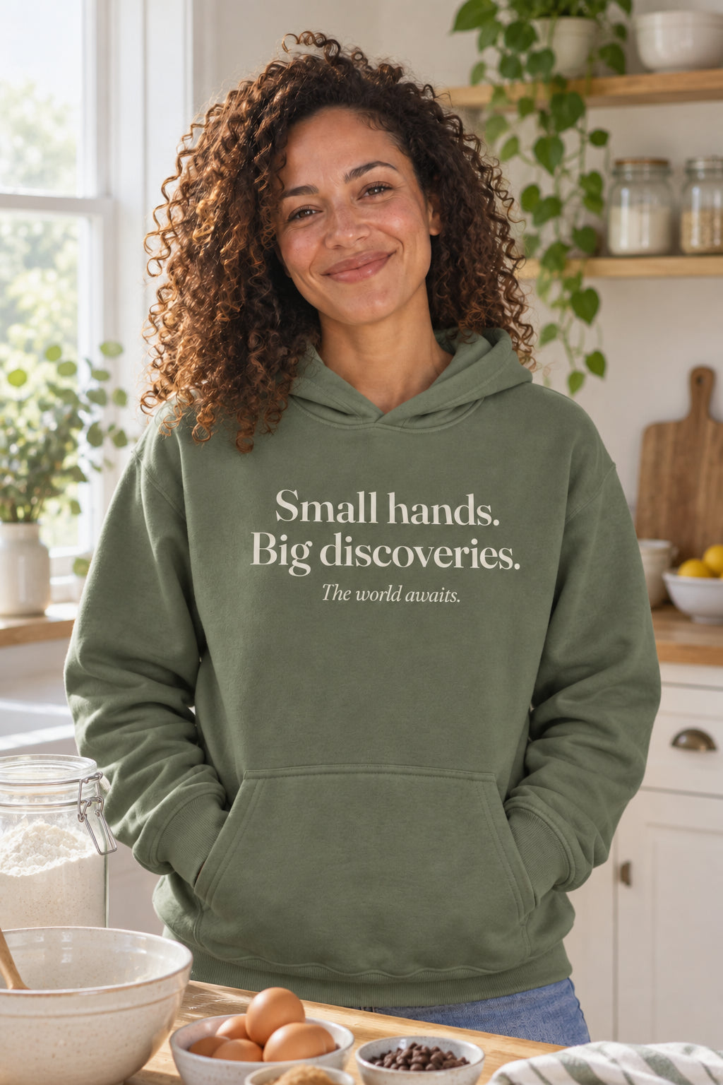 Small hands. Big discoveries. unisex organic cotton hoodie in Moss, front