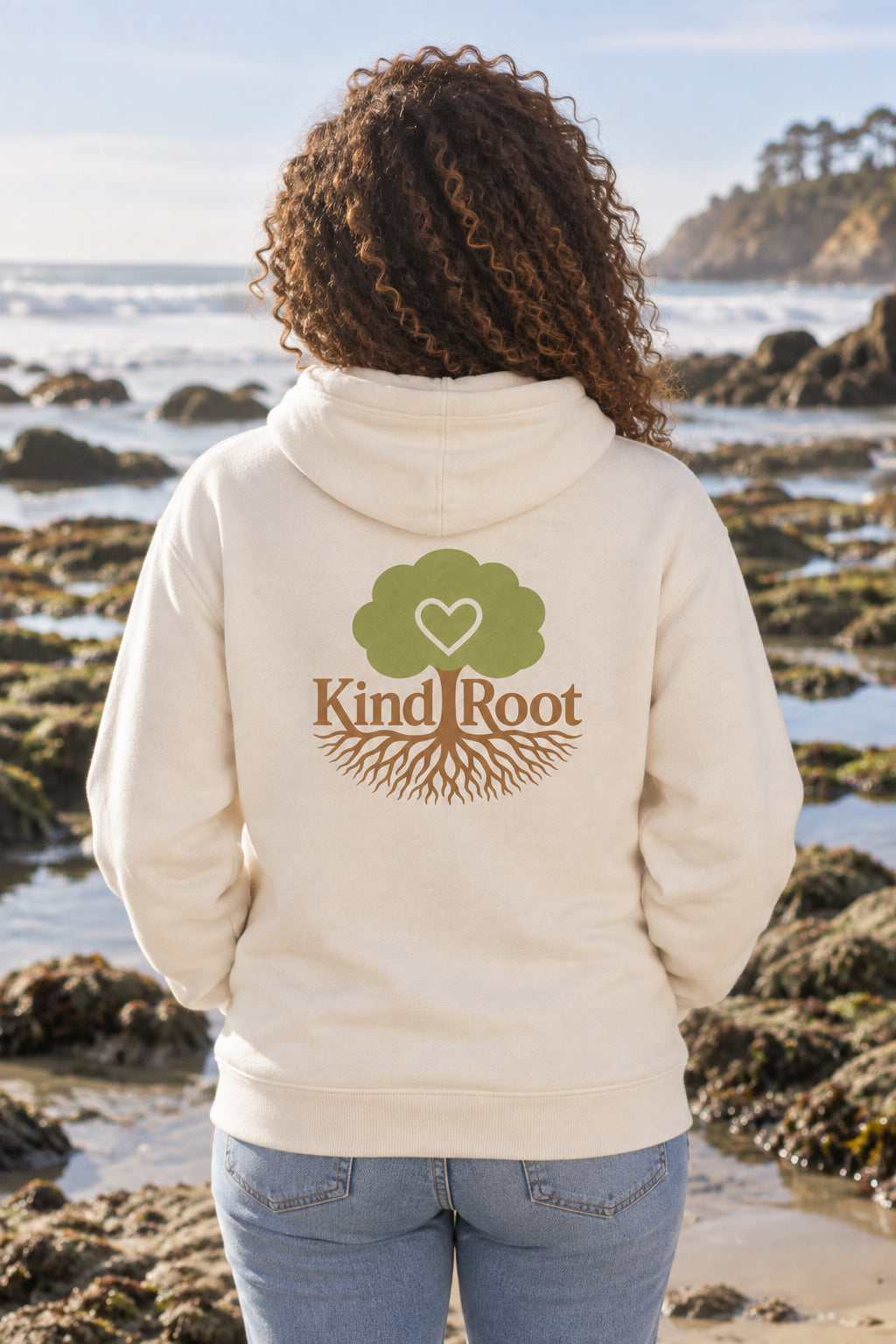 KindRoot logo on the back of the Natural unisex organic cotton hoodie