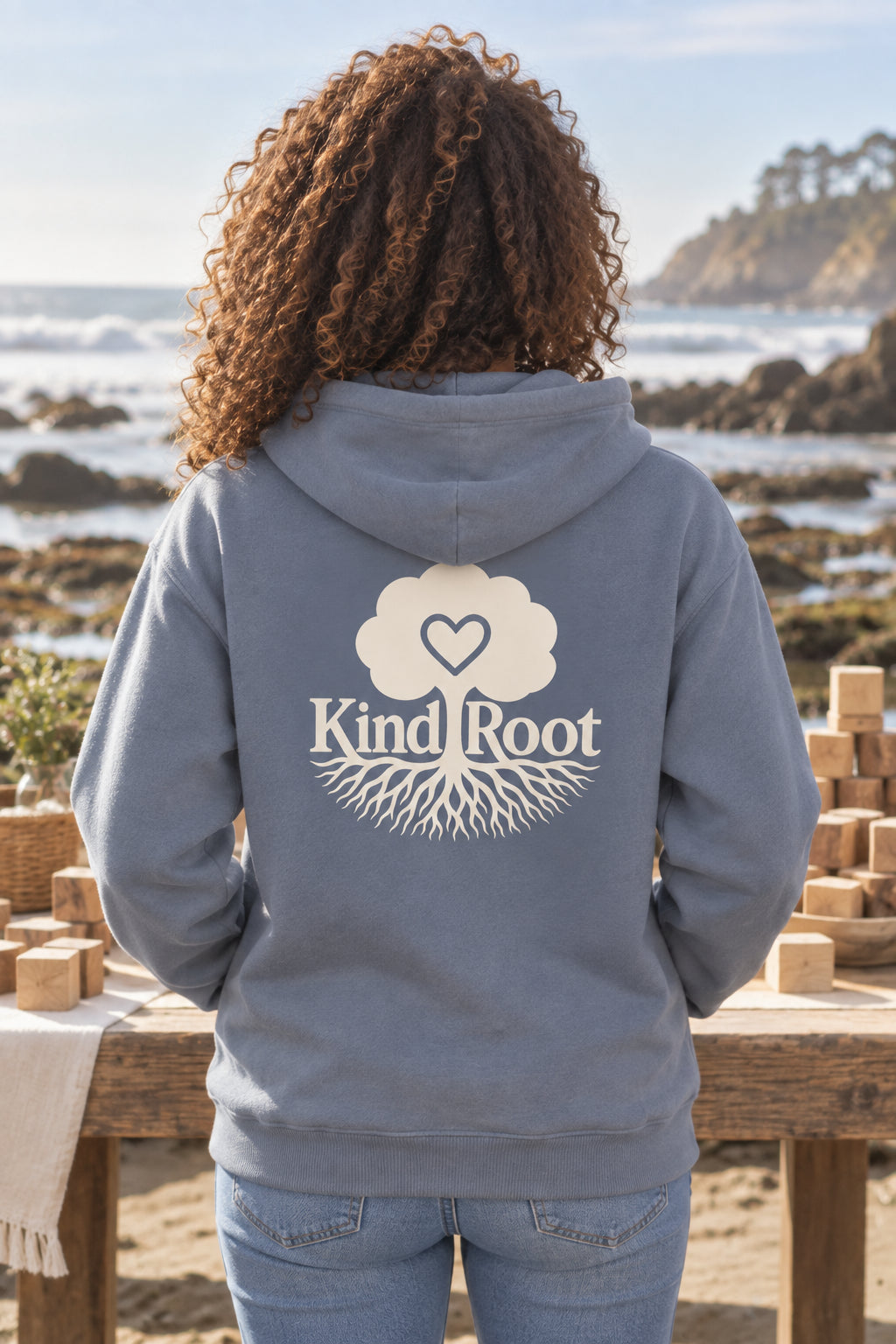 KindRoot logo on the back of the Slate unisex organic cotton hoodie