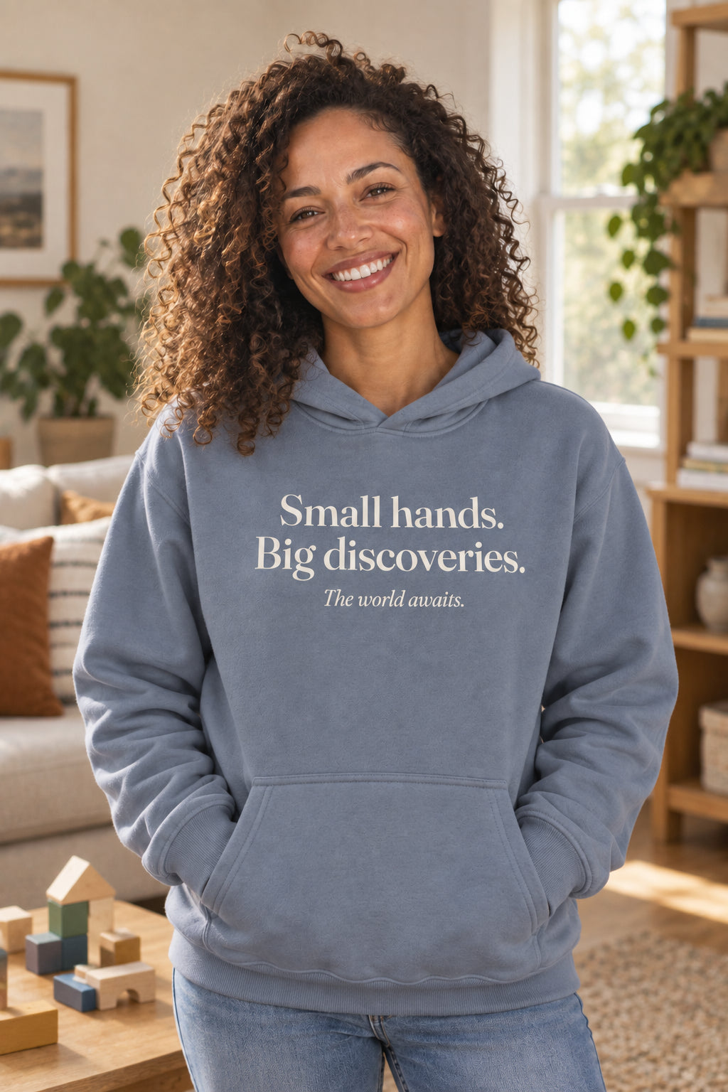 Small hands. Big discoveries. unisex organic cotton hoodie in Slate, front