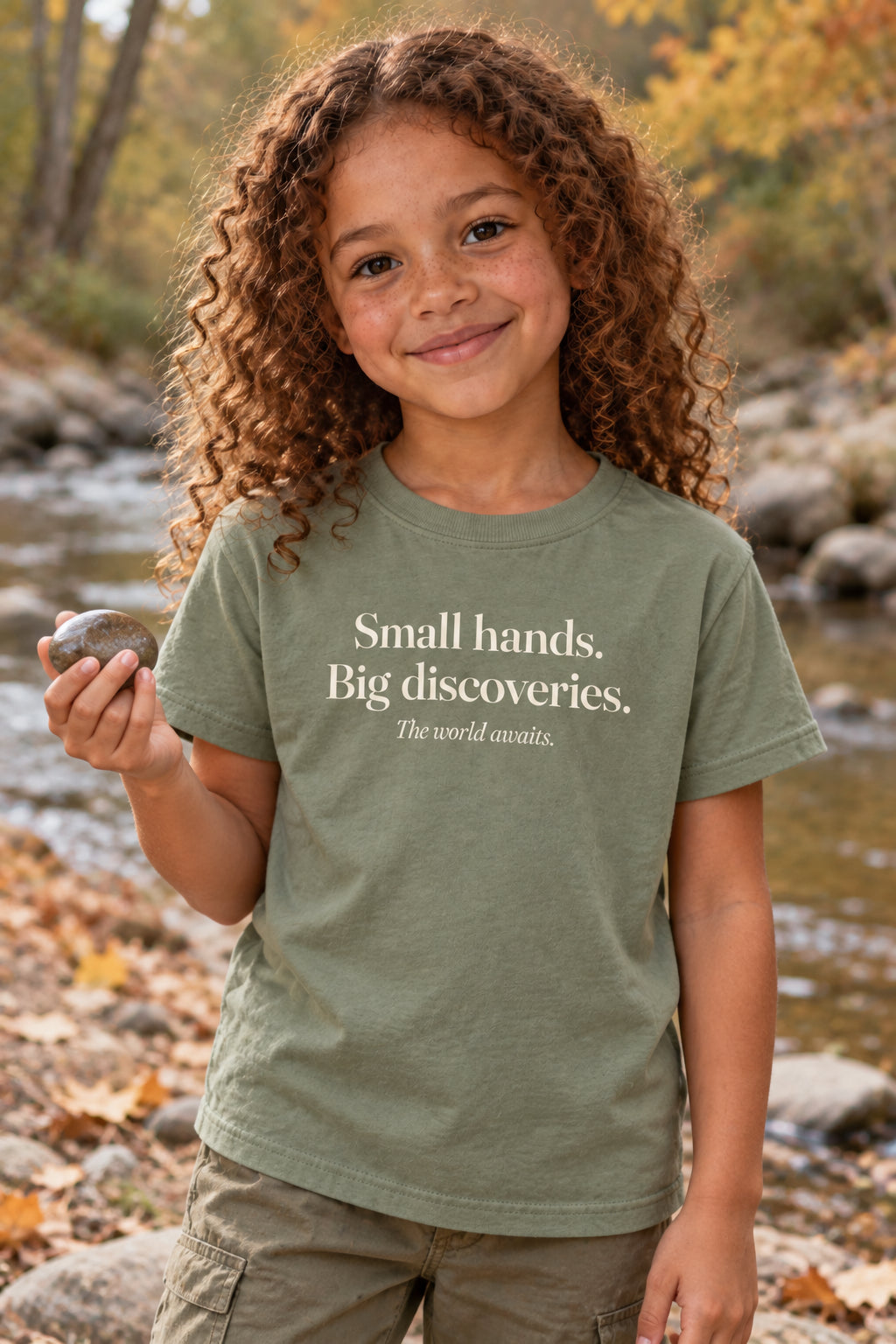 Small hands. Big discoveries. kids organic cotton tee in Avocado, front