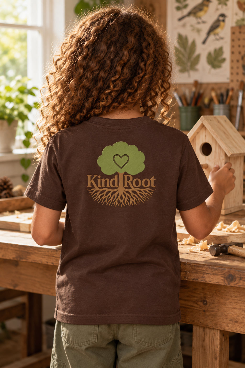 KindRoot logo on the back of the Bark kids organic cotton tee