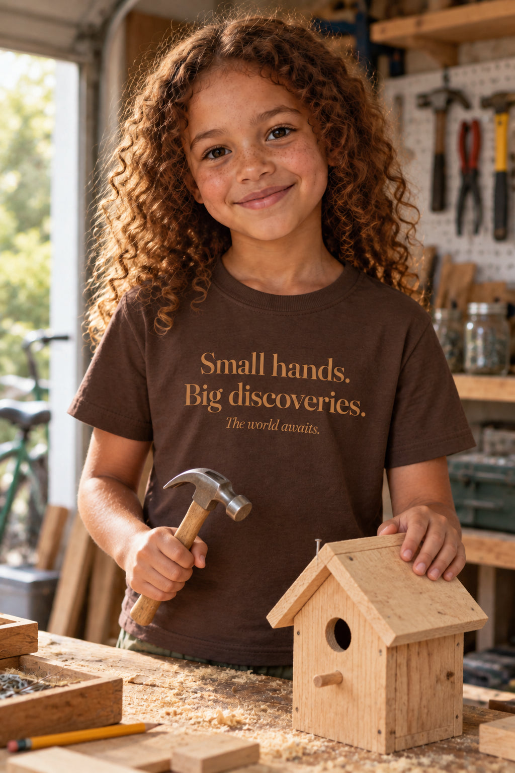 Small hands. Big discoveries. kids organic cotton tee in Bark, front