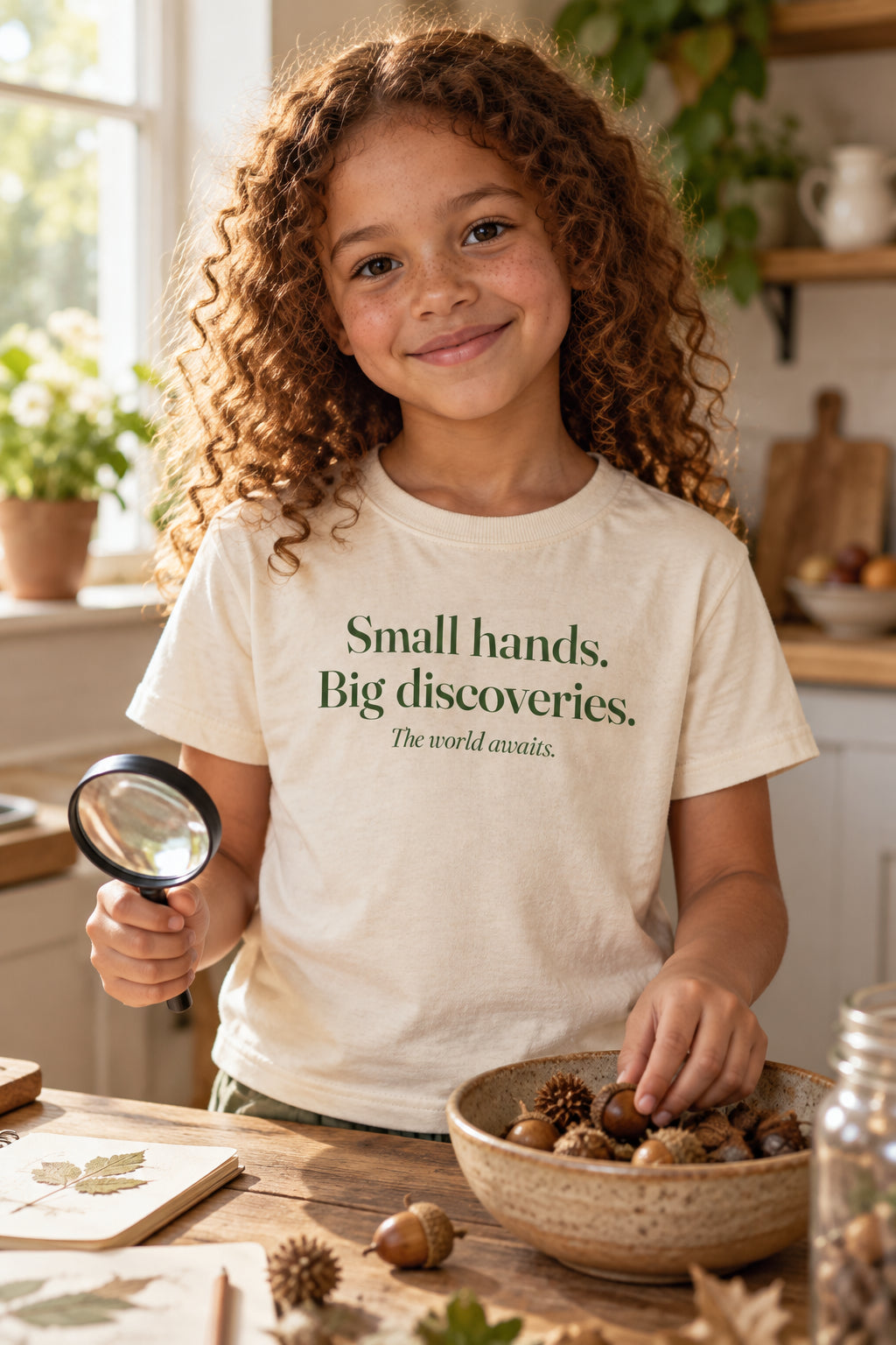 Small hands. Big discoveries. kids organic cotton tee in Natural, front