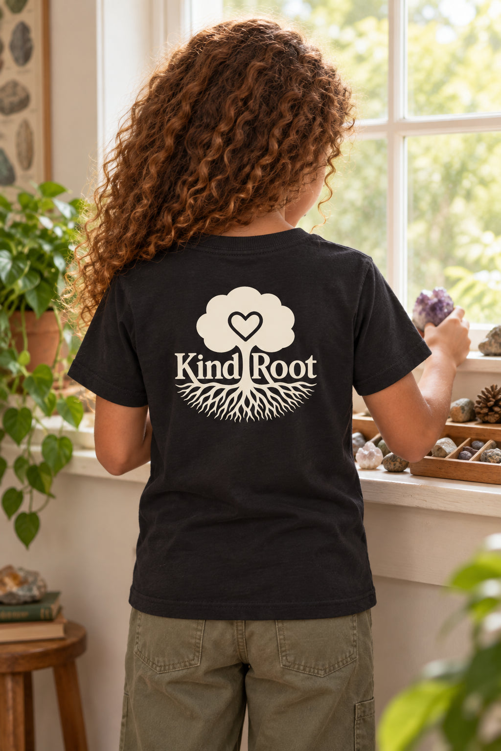 KindRoot logo on the back of the Night kids organic cotton tee