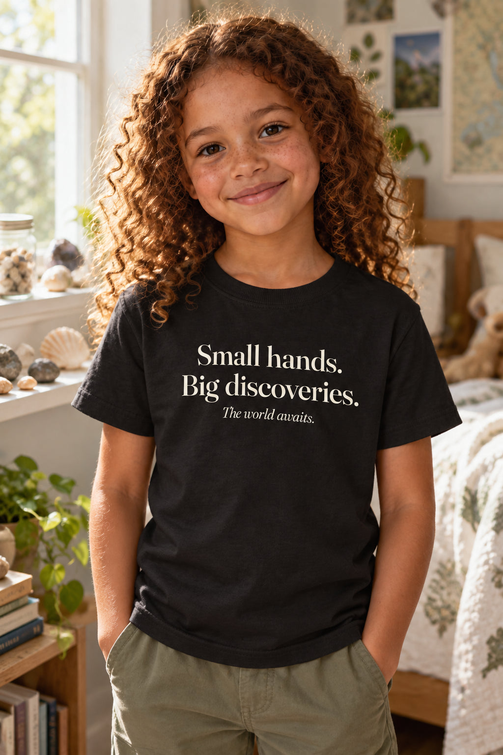 Small hands. Big discoveries. kids organic cotton tee in Night, front