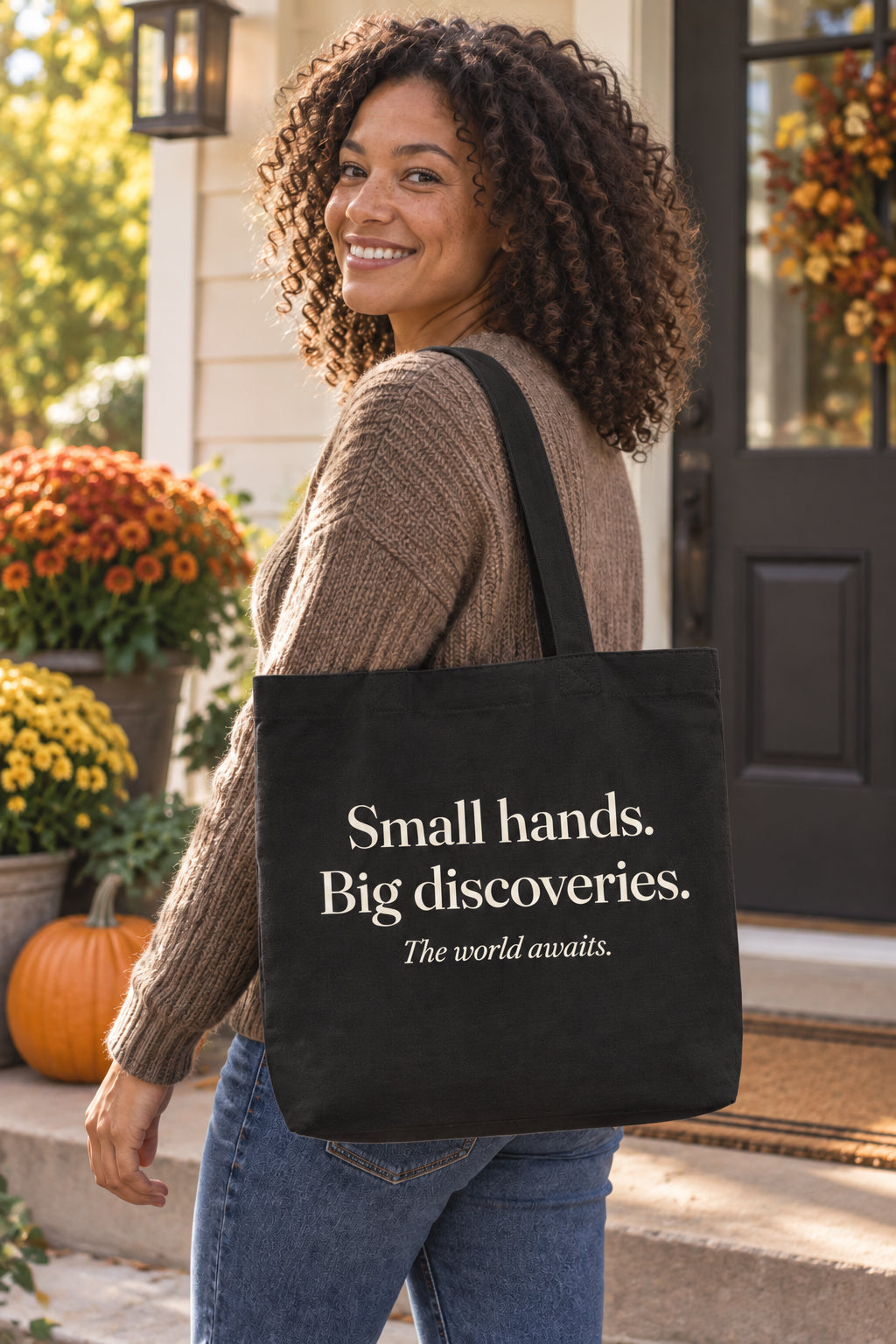 Small hands. Big discoveries. organic canvas market tote in Black, carried on the shoulder