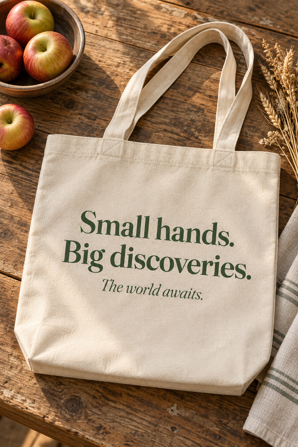 Small hands. Big discoveries. organic canvas market tote in Natural, flat lay