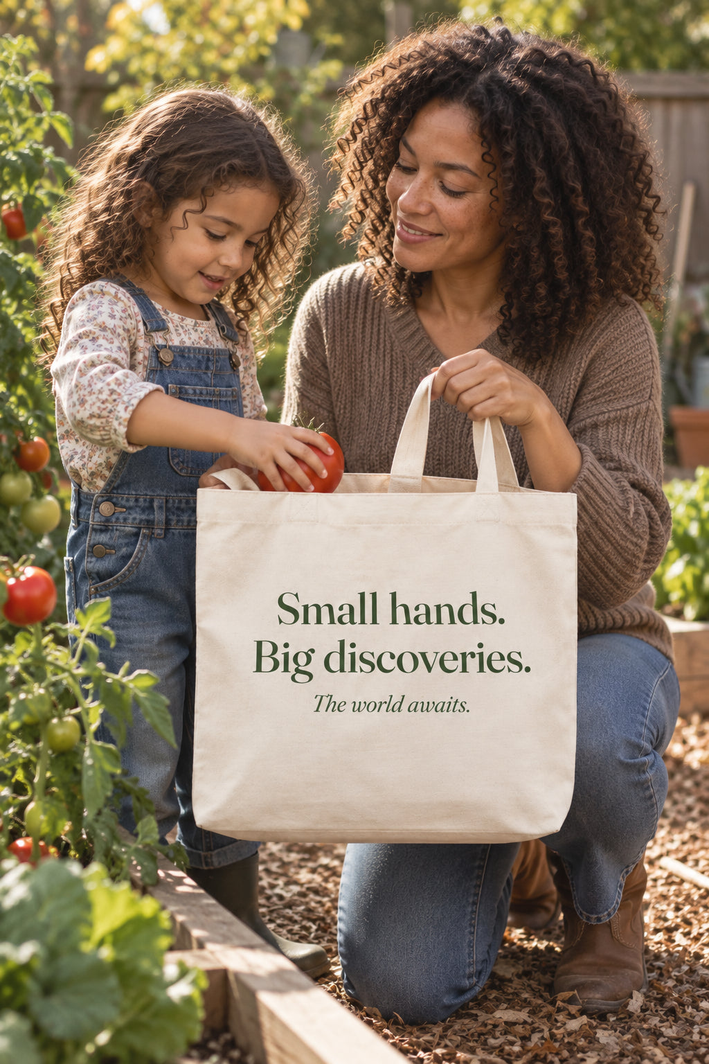Parent carrying the Small hands. Big discoveries. tote in Natural