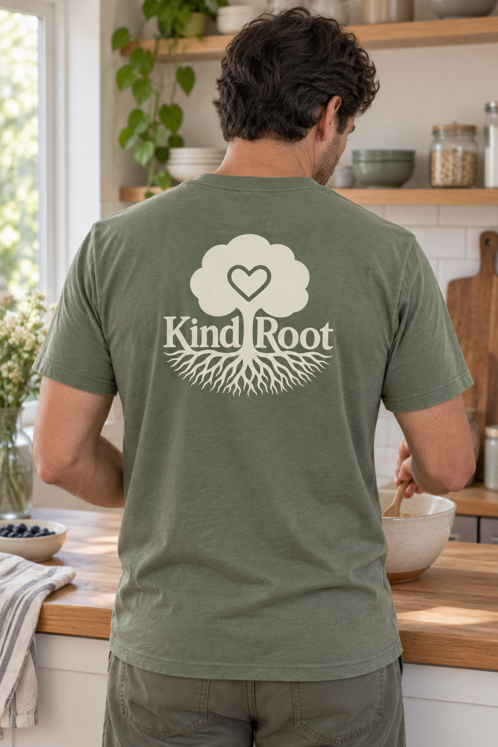 KindRoot logo on the back of the Moss unisex organic cotton tee