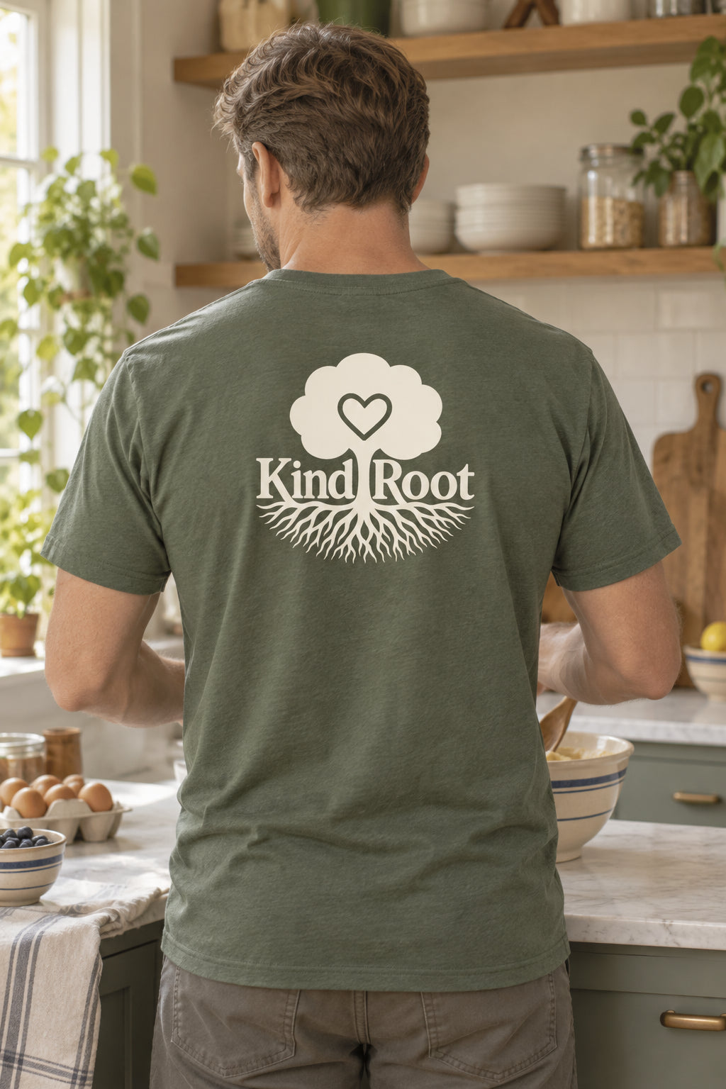 KindRoot logo on the back of the Moss unisex organic cotton tee