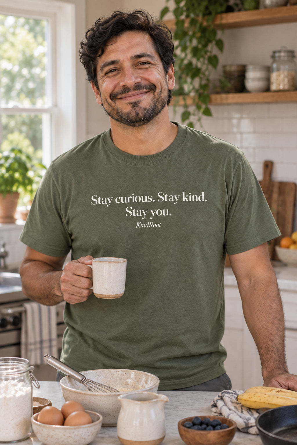 Stay curious. Stay kind. Stay you. unisex organic cotton tee in Moss, front