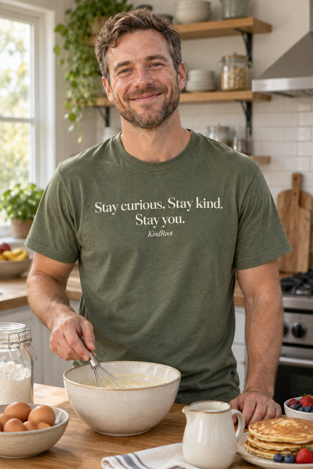 Stay curious. Stay kind. Stay you. unisex organic cotton tee in Moss, front