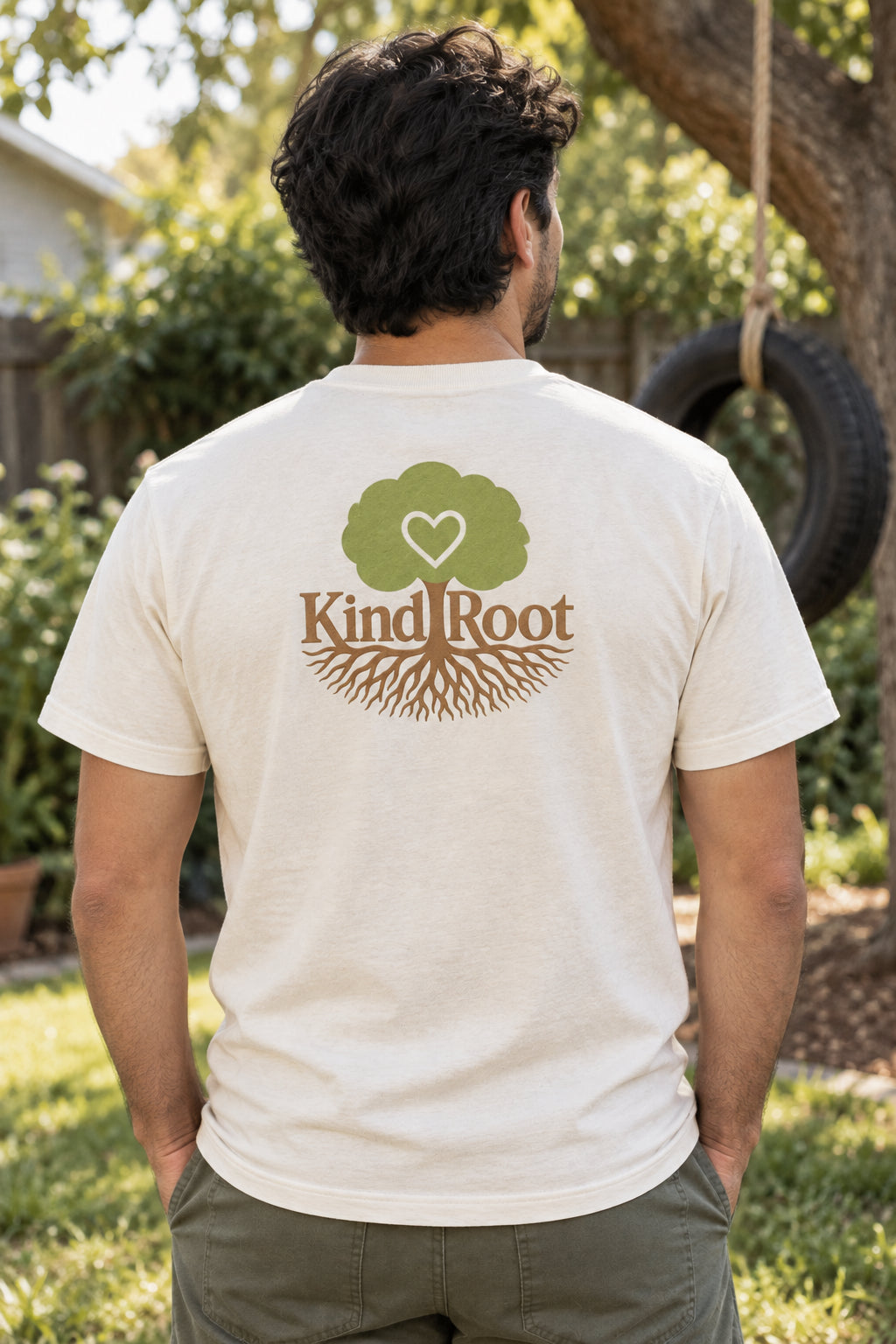 KindRoot logo on the back of the Natural unisex organic cotton tee