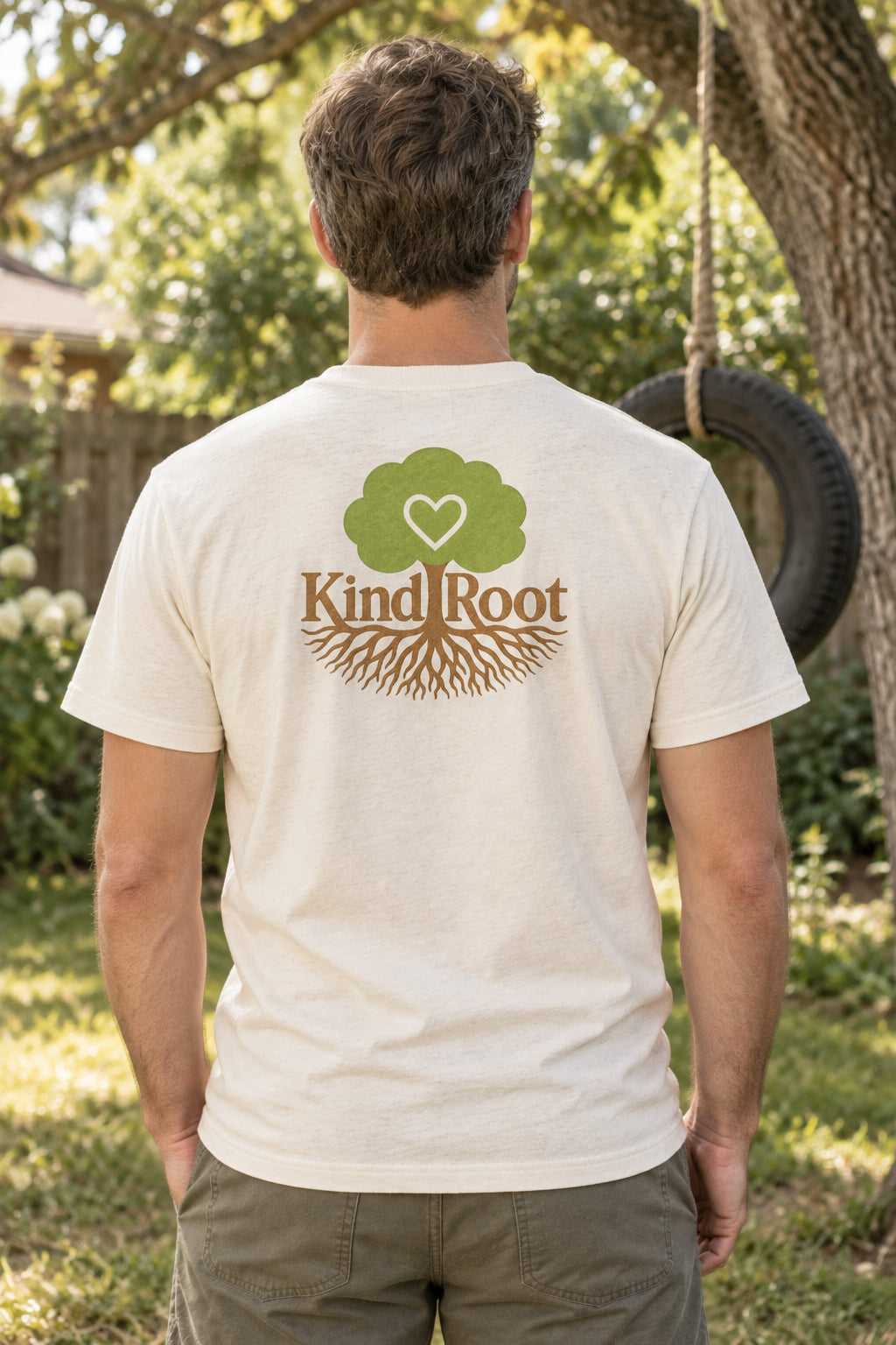 KindRoot logo on the back of the Natural unisex organic cotton tee