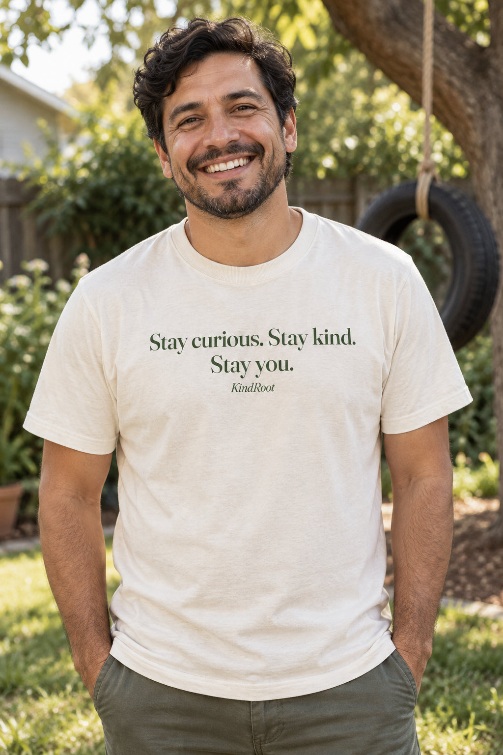 Stay curious. Stay kind. Stay you. unisex organic cotton tee in Natural, front