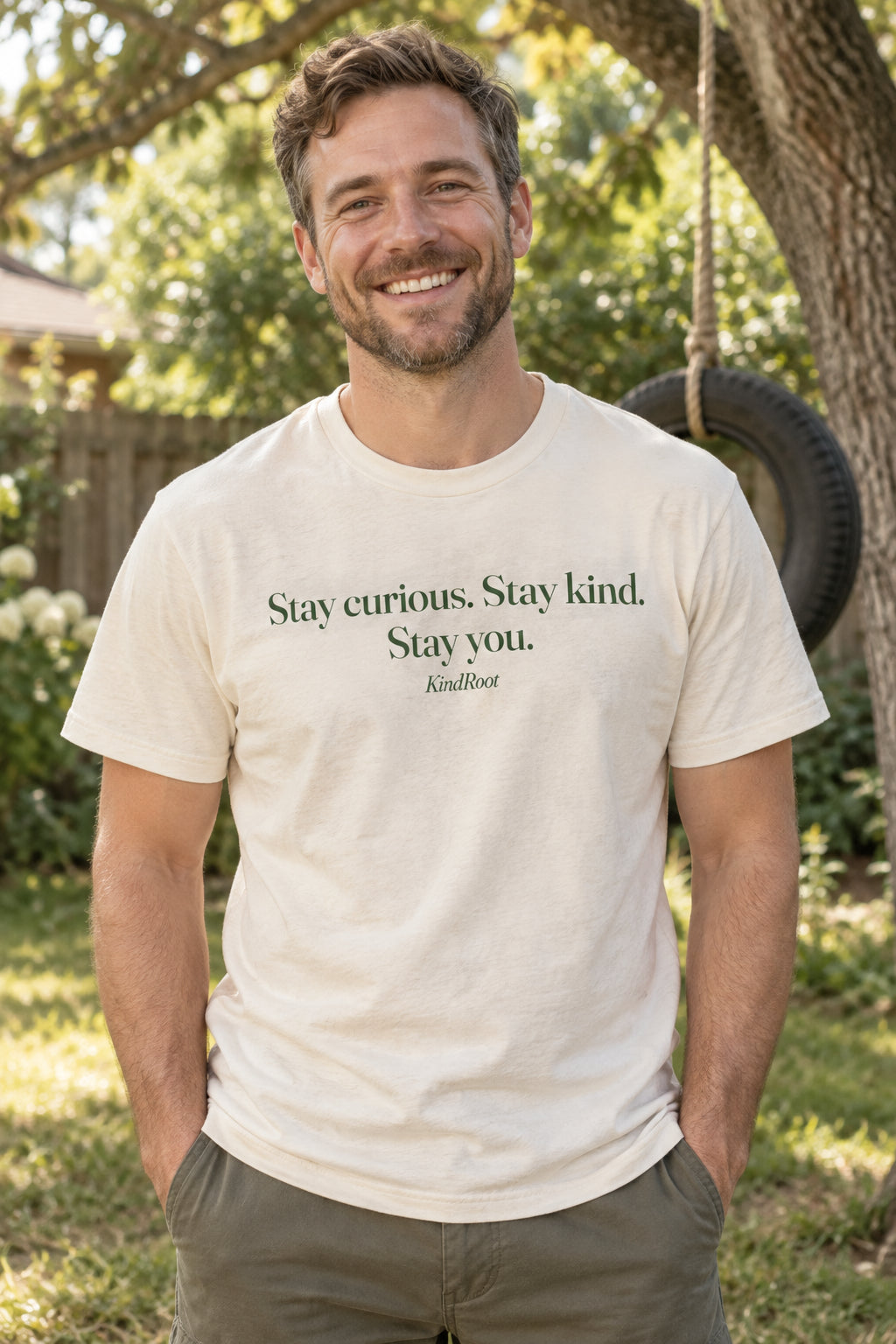 Stay curious. Stay kind. Stay you. unisex organic cotton tee in Natural, front