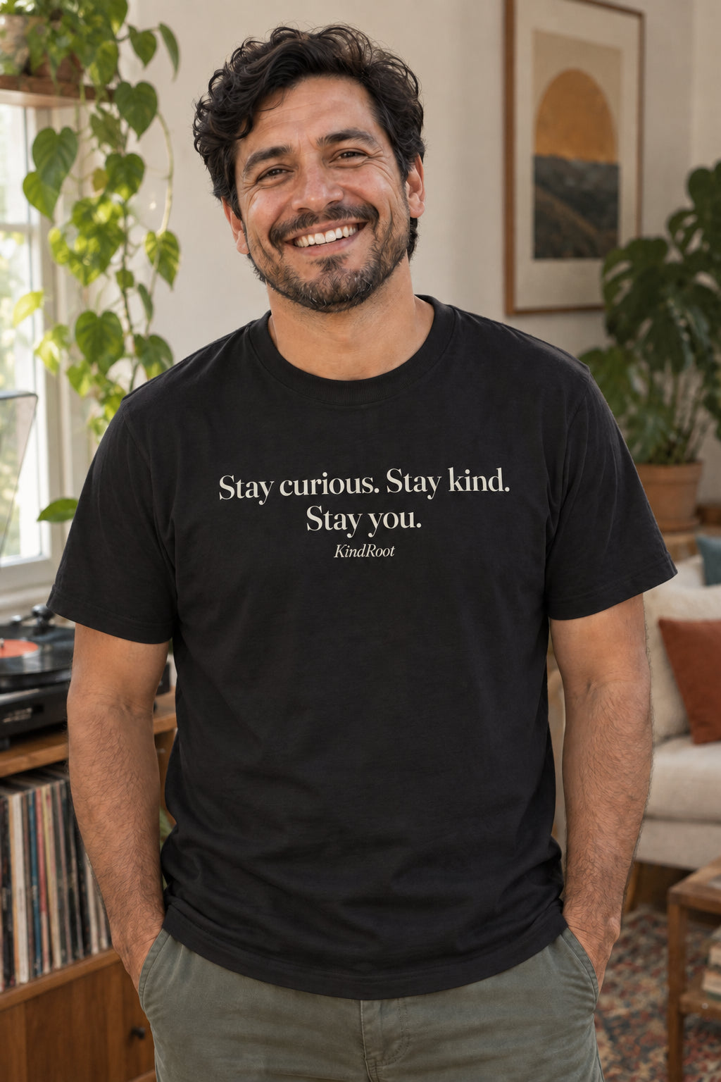 Stay curious. Stay kind. Stay you. unisex organic cotton tee in Night, front