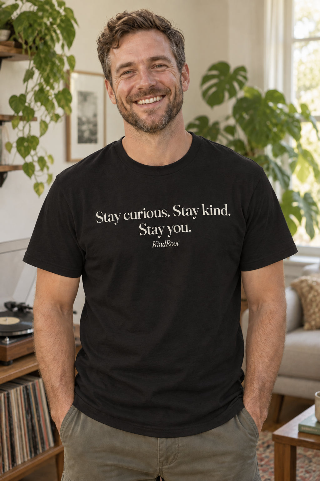 Stay curious. Stay kind. Stay you. unisex organic cotton tee in Night, front