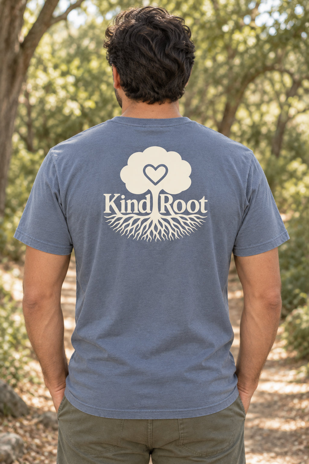 KindRoot logo on the back of the Slate unisex organic cotton tee