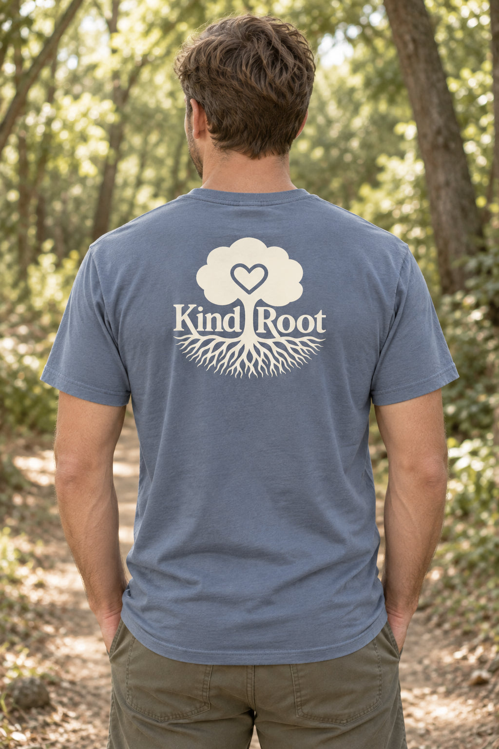 KindRoot logo on the back of the Slate unisex organic cotton tee