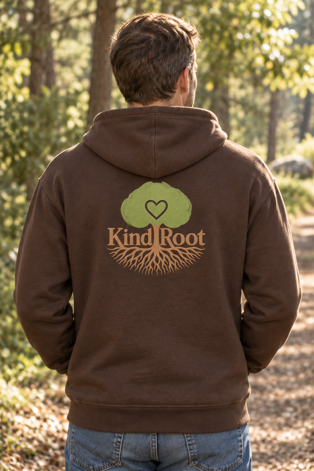 KindRoot logo on the back of the Bark unisex organic cotton hoodie