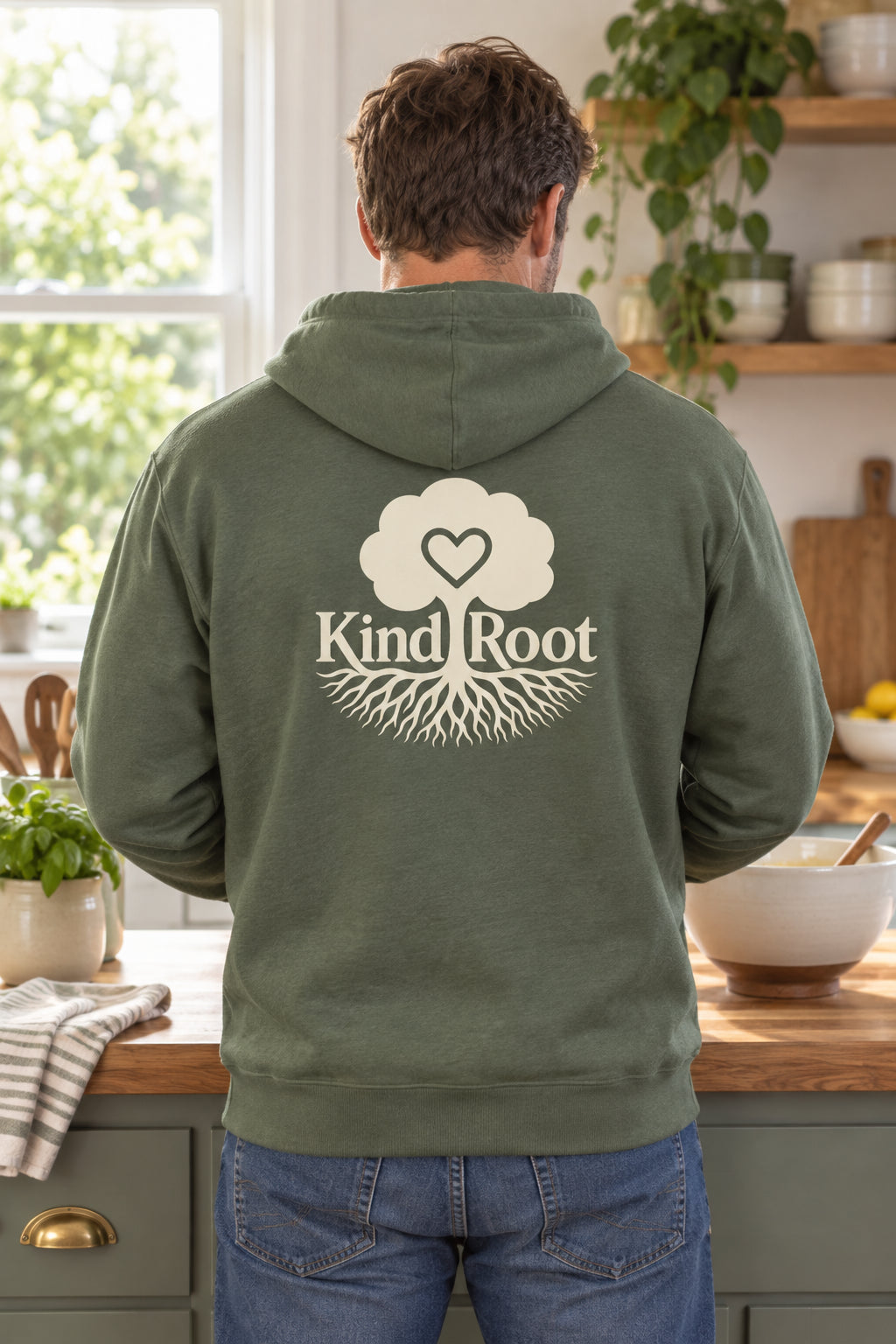 KindRoot logo on the back of the Moss unisex organic cotton hoodie