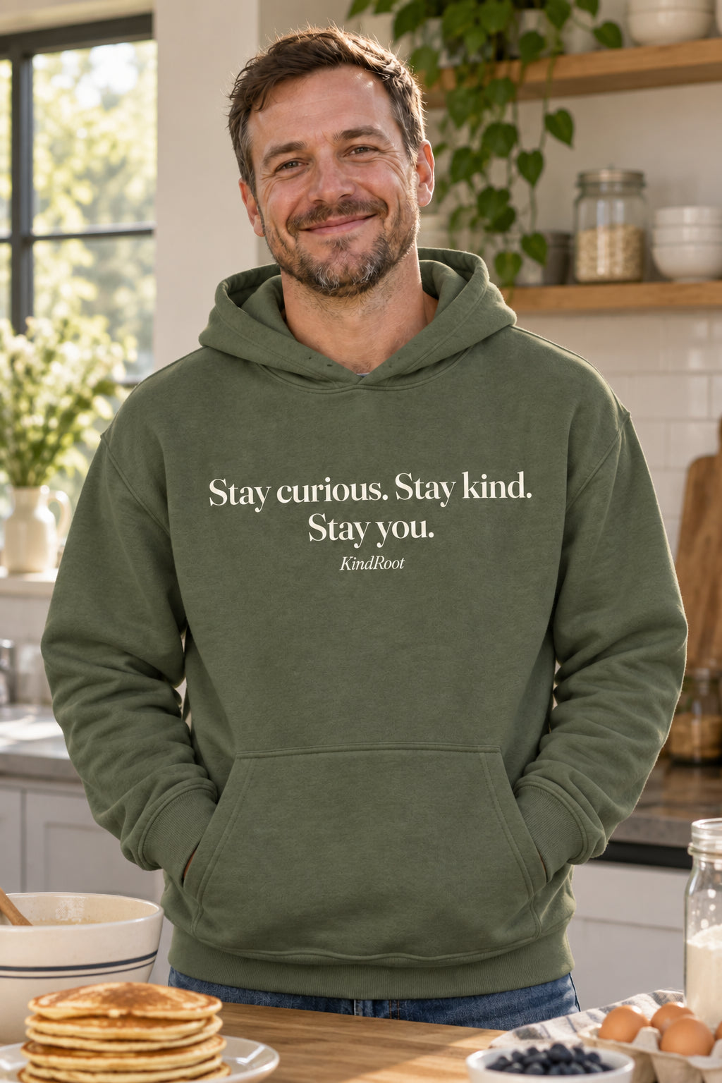 Stay curious. Stay kind. Stay you. unisex organic cotton hoodie in Moss, front