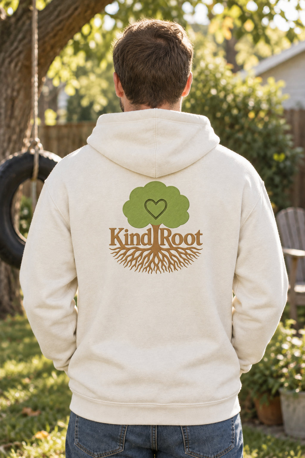 KindRoot logo on the back of the Natural unisex organic cotton hoodie