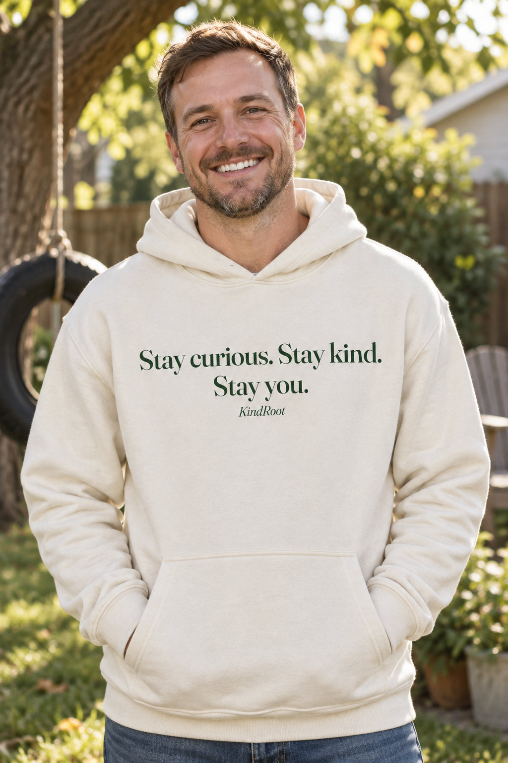 Stay curious. Stay kind. Stay you. unisex organic cotton hoodie in Natural, front