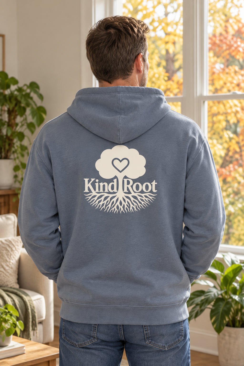 KindRoot logo on the back of the Slate unisex organic cotton hoodie