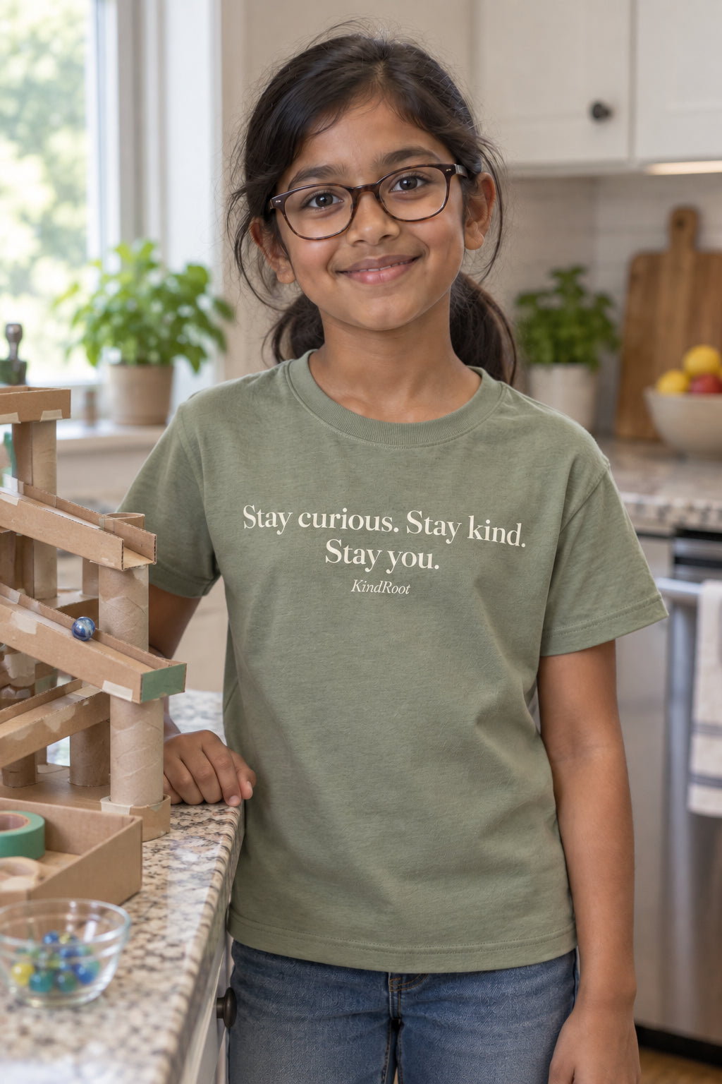 Stay curious. Stay kind. Stay you. kids organic cotton tee in Avocado, front