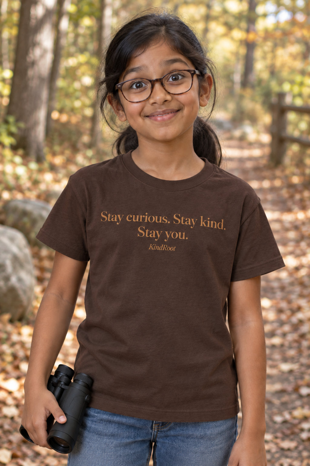 Stay curious. Stay kind. Stay you. kids organic cotton tee in Bark, front