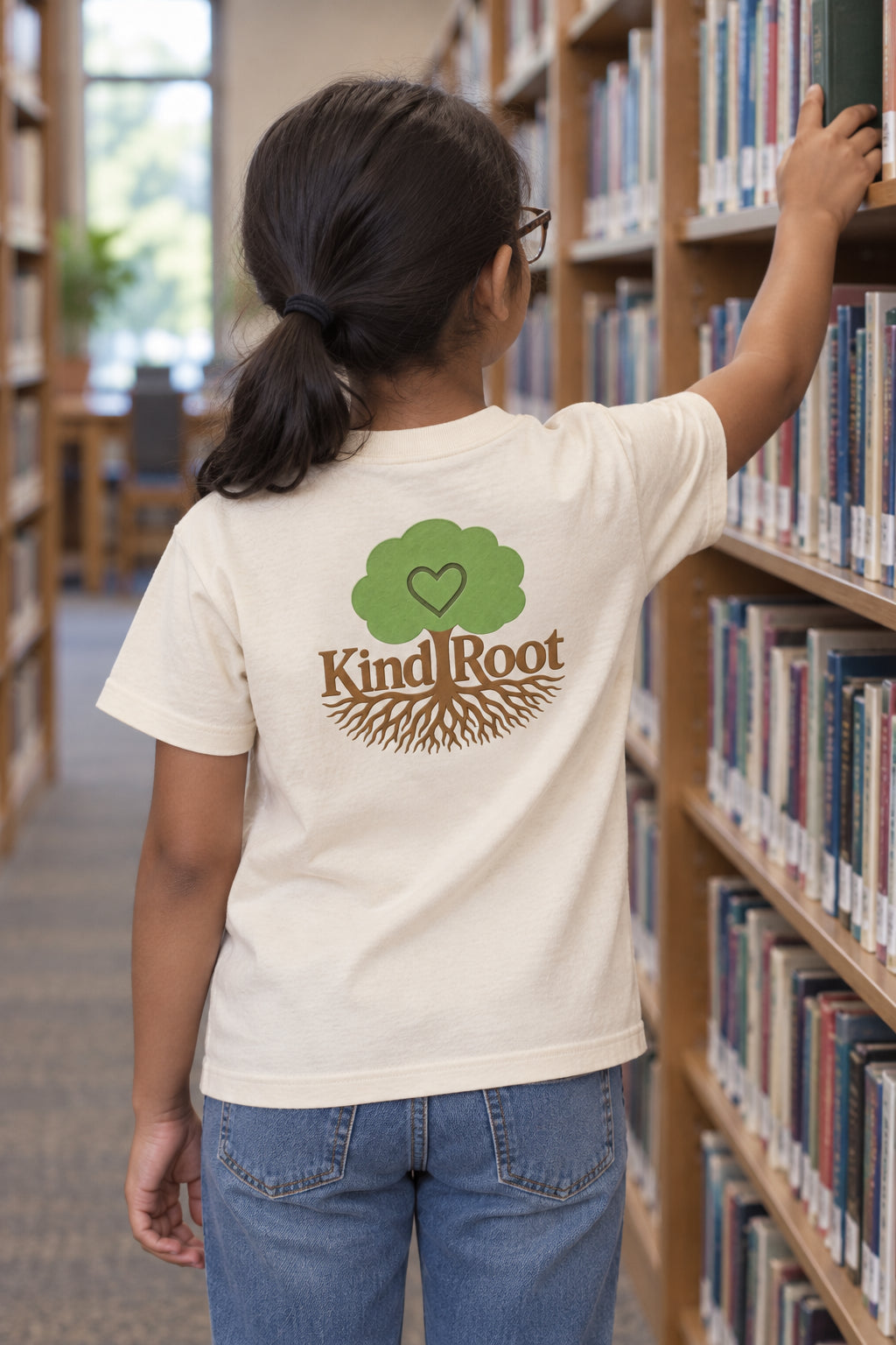 KindRoot logo on the back of the Natural kids organic cotton tee