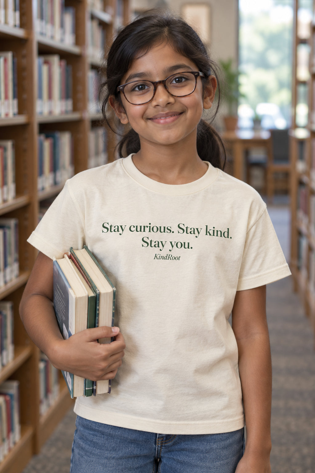 Stay curious. Stay kind. Stay you. kids organic cotton tee in Natural, front