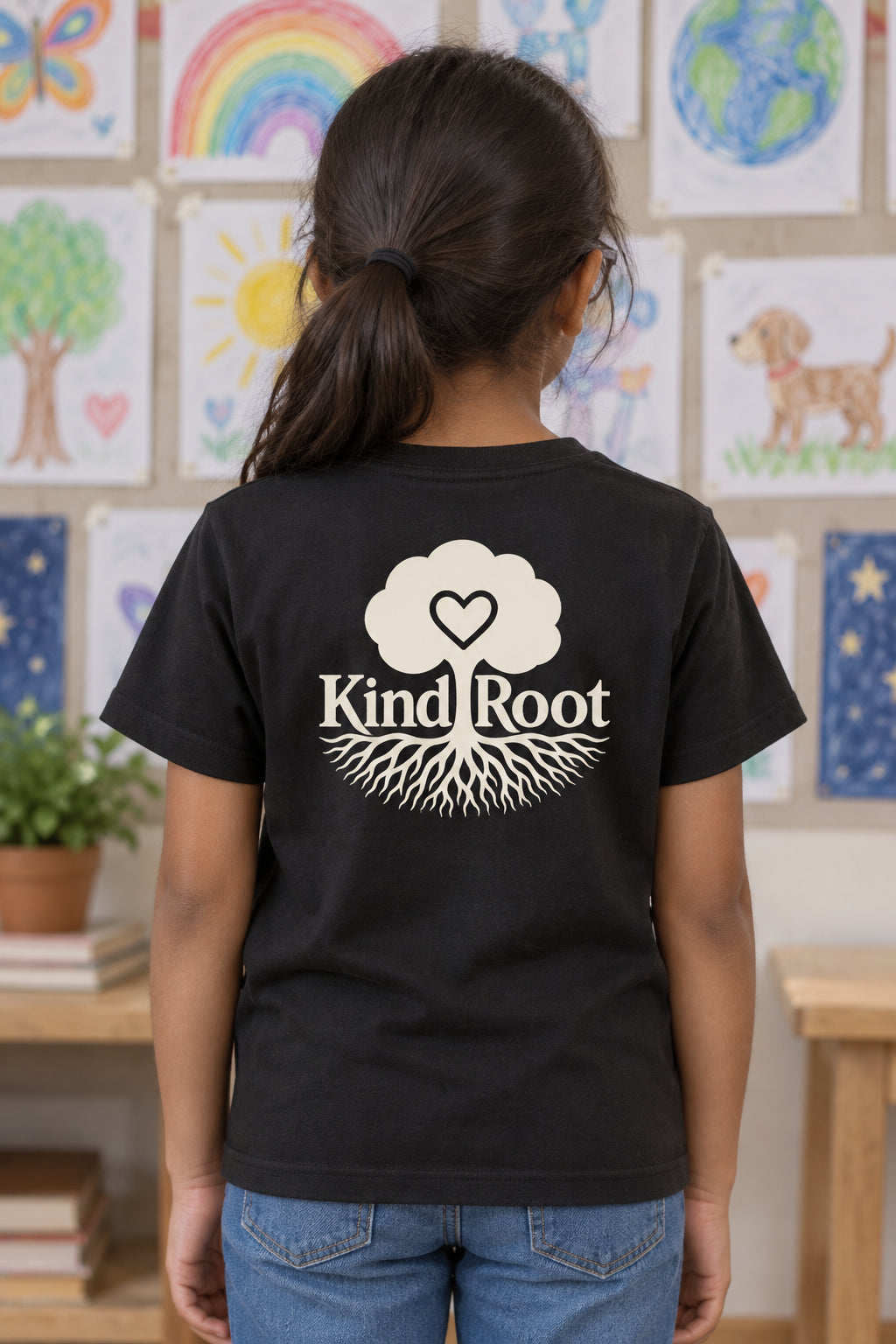 KindRoot logo on the back of the Night kids organic cotton tee