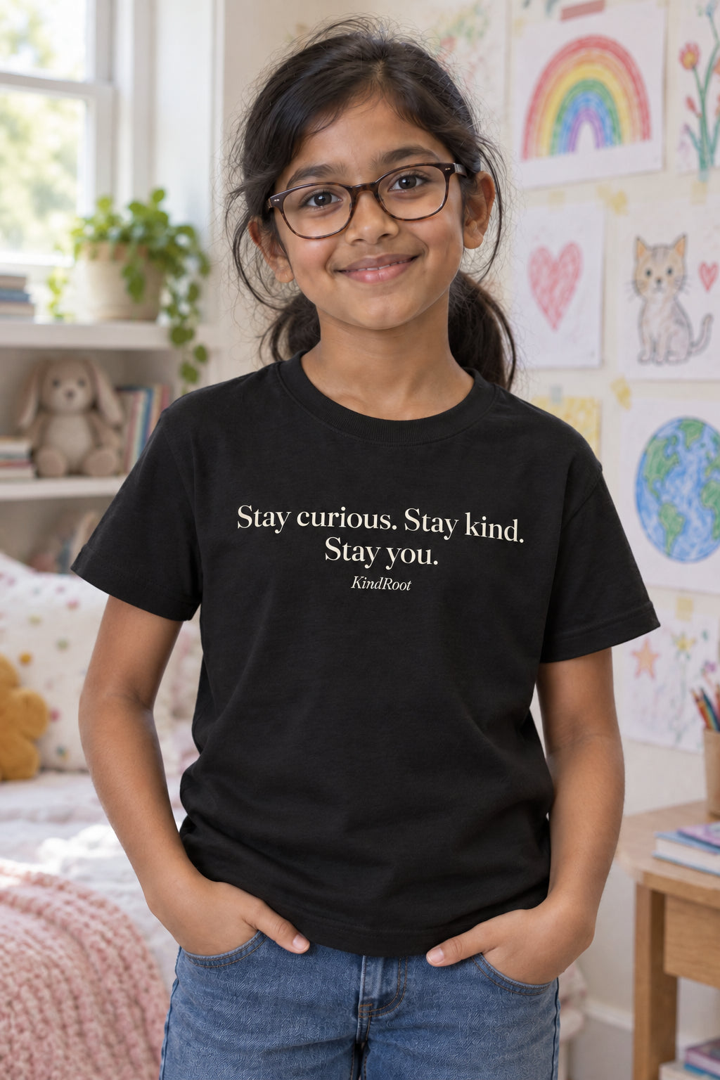 Stay curious. Stay kind. Stay you. kids organic cotton tee in Night, front