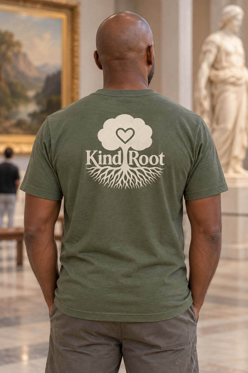 KindRoot logo on the back of the Moss unisex organic cotton tee